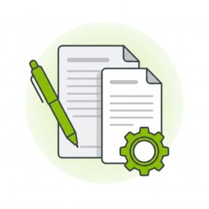 Icon Content Management: Dokumente mit Stift und Zahnrad